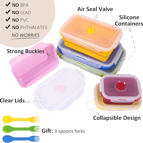 Set of 6 Collapsible Silicone Food Storage Containers With Lids, Durable, Meal Prep Foldable Bento Lunch Boxes for Kitchen, Camping, Microwave,Dishwasher and Freezer Safe, BPA Free - Image 4