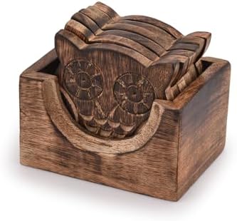 NIRMAN Wooden Crafted Coaster Set of 6 with Coasters Holder for Drink Bar Coaster Tea Coffee Mug Tabletop Barware Drink Handmade Dining Home Decor (Owl Shape) - Image 2