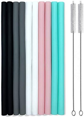 Silicone Straws Set of 10 Straight Smoothies Straws Large Silicon Reusable Drinking Straws with Cleaning Brushes Extra Long for 20oz and 30oz Tumbler - Flexible by CTVB