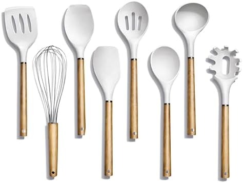 Country Kitchen Non Stick Silicone Utensil Set with Rounded Wood Handles for Cooking and Baking, 8 Piece Set, White by CountryKitchen