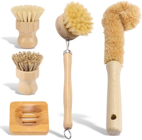 Bamboo Dish Brush Set, 5 Pcs Wooden Kitchen Scrubber – Long Handle Dish & Cup Brush, Short Handle Sisal & Coarse Brown Brush, Includes Square Tray, Ergonomic Natural Cleaning Kit for Pots Pans Bottles by Unknown
