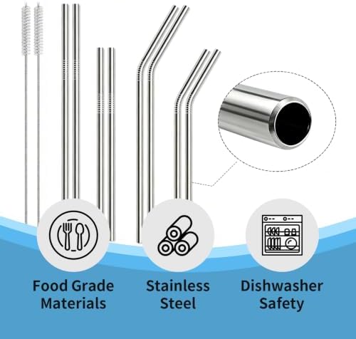 12 Pack Reusable Stainless Steel Metal Drinking Straws: 3 Bent + 3 Straight 8.5 in and 3 Bent + 3 Straight 10.5 in, Includes 2 Cleaning Brushes, Fits 20-30 oz Tumblers, Dishwasher Safe - Image 3