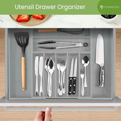 Purawood Bamboo Drawer Organizer - Expandable Silverware Organizer & Utensil Organizer, Cutlery Tray with Dividers, 7-9 Slots - Premium Kitchen Drawer Organizer for Utensils & Flatware (Grey) - Image 5
