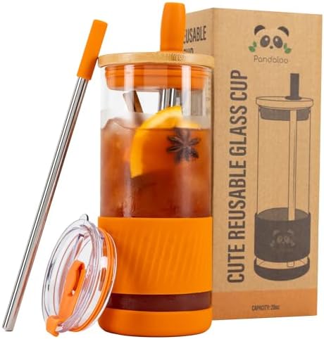 Pandaloo® Glass Cups With Lids and Straws -20 Fl Oz- Perfect Size Iced Coffee Cup - Smoothie Cup With Bamboo Lid and On the go Lid - Glass Tumbler With Straw (1 Count (Pack of 1), Autumn Gold) by Pandaloo