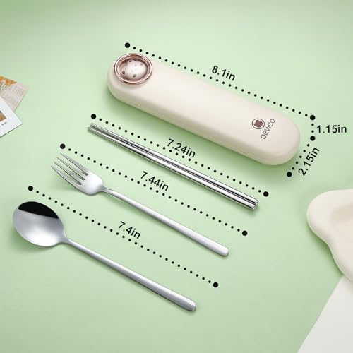 DEVICO Travel Utensils with Case Cute, Reusable Silverware for Lunch, 4Pcs Portable Cutlery Set, 18/8 Stainless Steel Fork Spoon Chopsticks in Cartoon Case, Dishwasher Safe (Light Yellow) - Image 5