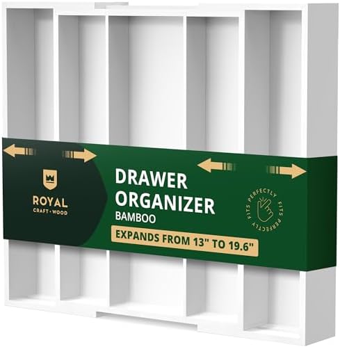 ROYAL CRAFT WOOD Luxury Bamboo Kitchen Drawer Organizer - Silverware Organizer - Utensil Holder and Cutlery Tray with Grooved Drawer Dividers for Flatware and Kitchen Utensils (5 Slot, White) by ROYALCRAFTWOOD