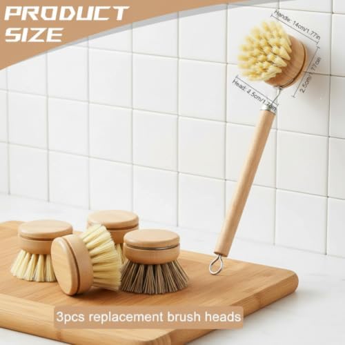 Bamboo Dish Brush, Bamboo Dish Brush with Handle, 4-in-1 Kitchen Cleaning Set – Includes 1 Sisal, 2 Sisal Replacement Heads, Coconut Fiber Replacement Head for Pots, Pans, Dishes.. - Image 6