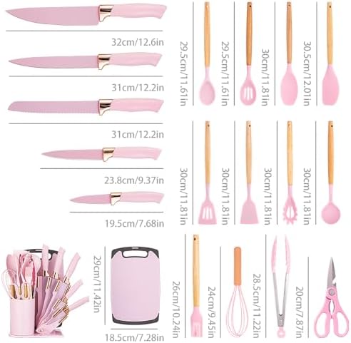 19-Piece Kitchen Utensil and Knife Set, Pink - Image 3
