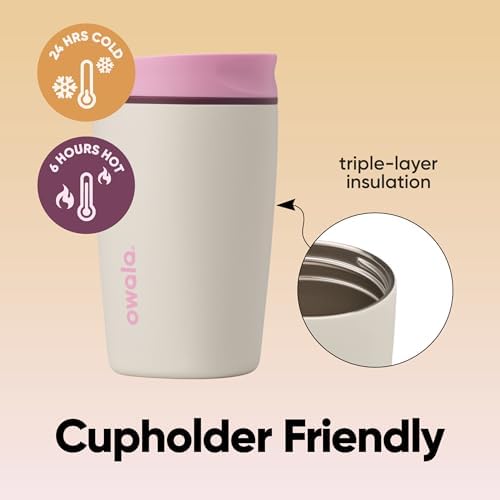 Owala SmoothSip Slider Insulated Stainless Steel Coffee Tumbler, Reusable Iced Coffee Cup, Hot Coffee Travel Mug, BPA Free 12 oz, Pink/Tan (Daybreak) - Image 3