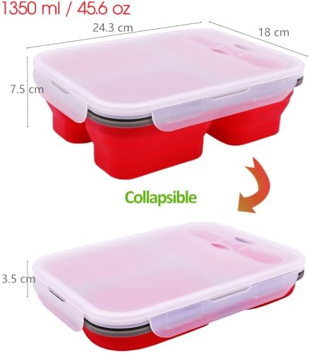 2 Pack Big Size Collapsible Silicone Bento Lunch Boxes With Lids Spoons Forks,3 Compartments, Divided Lunch Food Storage Containers, Safe in Microwave, Dishwasher and Freezer, 45.6oz, BPA Free - Image 2