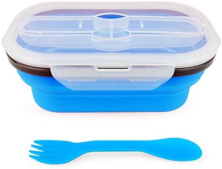 CARTINTS 800ml Collapsible Bento Lunch Box, Silicone Food Storage Container, with Leakproof Lids and Spoon, Microwave Freezer Safe, Blue - Image 2