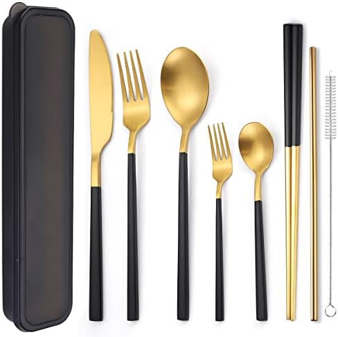 AARAINBOW 6 Pieces Stainless Steel Flatware Set Portable Reusable Cutlery Set Travel Utensils Set Including Chopsticks Knife Fork Spoon Straws Cleaning Brush Dishwasher Safe (B-Black golden) by AARAINBOW