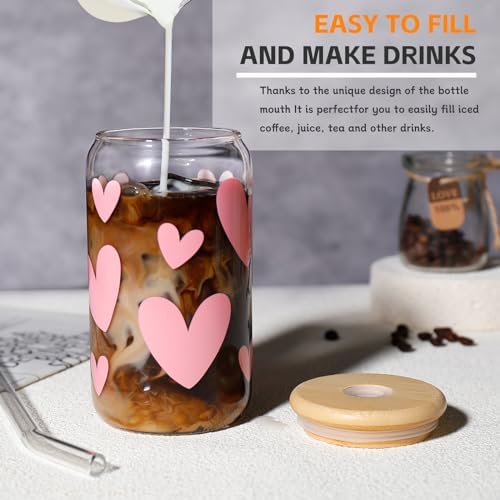 DWTS DANWEITESI Glass Cups with Lids and Straws with Design Pink Hearts 4 pcs,Clear Glass Cups 16 oz-Glass Tumbler,Cute Glass Iced Coffee Cups with Lids and Straws 480ml - Image 5