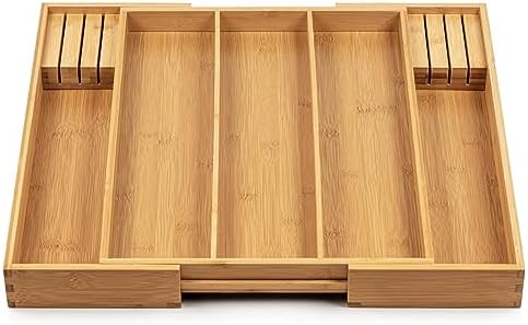 Purawood Kitchen Drawer Organizer with Knife Blocks - Utensil Drawer Organizer for Kitchen, Cutlery Tray & Silverware Organizer, 3-5 Slots - Bamboo Organizer for Utensils & Flatware (Natural) - Image 3