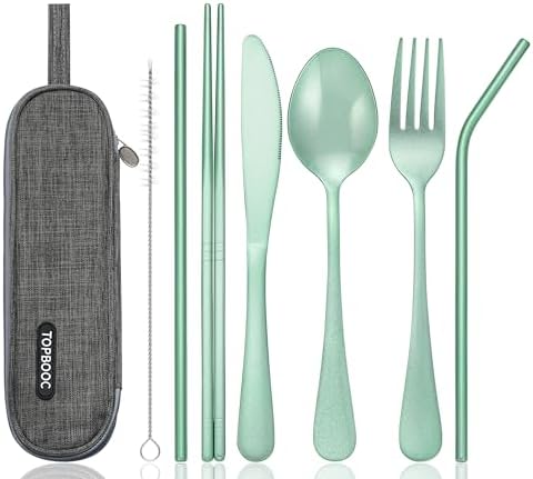Portable Stainless Steel Flatware Set, Travel Camping Cutlery Set, Portable Utensil Travel Silverware Dinnerware Set with a Waterproof Case (Green) by Topbooc
