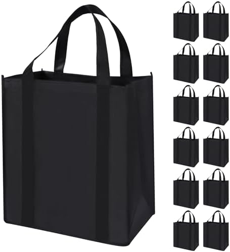 12 Pack Heavy Duty Reusable Grocery Bags - Large Shopping Totes Reinforced Handles, Holds 40 lbs, Foldable and Washable (Black) by Unknown