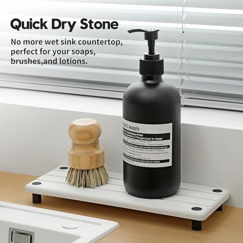 Razborci Instant Dry Sink Caddy Kitchen Sink Organizer, Quick Drying Diatomaceous Earth Stone Sink Tray Sponge Holder Soap Dish, Bathroom Countertop Vanity Dispenser Toothbrush Bottle, White, 10" x 4" - Image 2