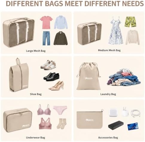 6 Set Packing Cubes, Luggage Packing Organizers for Travel Accessories, Carry on Suitcase Organizer Bags, Travel Essentials Luggage Accessories for Cruise Ship (Beige) - Image 3