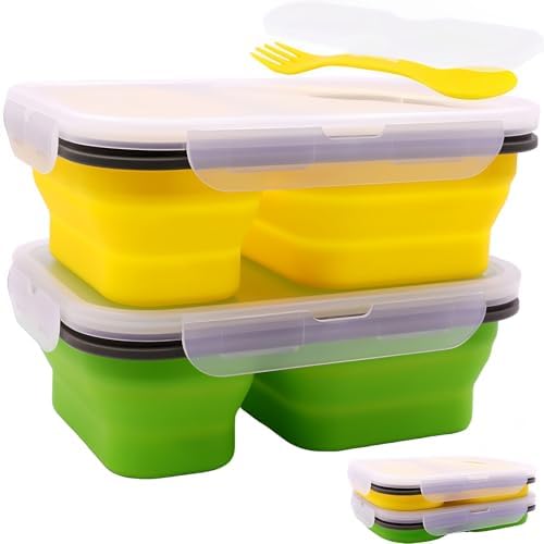 2 Pack Collapsible Silicone Bento Lunch Boxes With Lids,2 Compartments, Divided Lunch Food Storage Containers, 37.2 oz, Safe in Microwave, Dishwasher and Freezer, BPA Free by FUSMYE