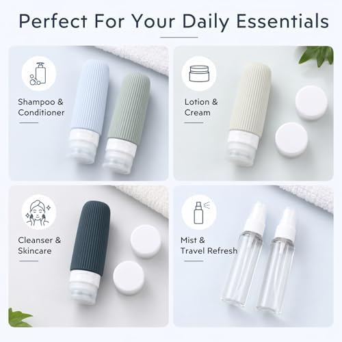 16 Pack Travel Bottles Set - TSA Approved Toiletry Bottles, Leak Proof Refillable Silicone Travel Size Containers with Jars, Spray Bottles, Funnel, Brush & Clear Bag for Carry-On, Camping & Vacation - Image 4
