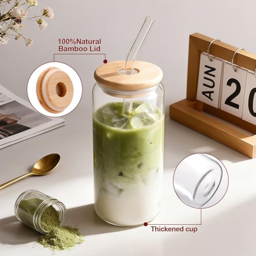 Iced Coffee Cups with Lids 2 pcs: 20 oz Glass Cups with Lids and Straws as Coffee Bar Accessories - Beer Drinking Glasses - Reusable Glass Tumbler,Cute Coffee Cups for Coffee,Juice,Gifts - Image 6