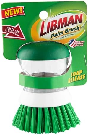 Libman Palm Brush with Soap Dispenser – Dish Brush for Pots, Pans & Kitchen Sink Cleaning – Ergonomic Grip, Non-Leaking Button, Durable Angled Bristles – Recycled PET Fibers – 4” x 3.25” by Tribello