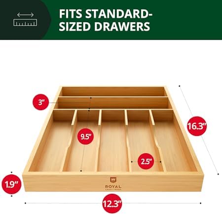 ROYAL CRAFT WOOD Luxury Bamboo Utensil Rack and Silverware Organizer, Kitchen Drawer Organizer - Utensil Holder and Cutlery Tray with Grooved Drawer Dividers for Flatware 7 Slot, Natural - Image 2