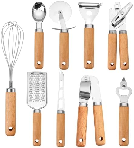 Stainless Steel Kitchen Gadget Set – 9 PCS Western Cooking Utensil & Tool with Wooden Handle: Pizza Cutter, Garlic Press, Can and Bottle Opener, Ice Cream Scoop, Peeler, Cheese Grater and Knife, Whisk by Unknown