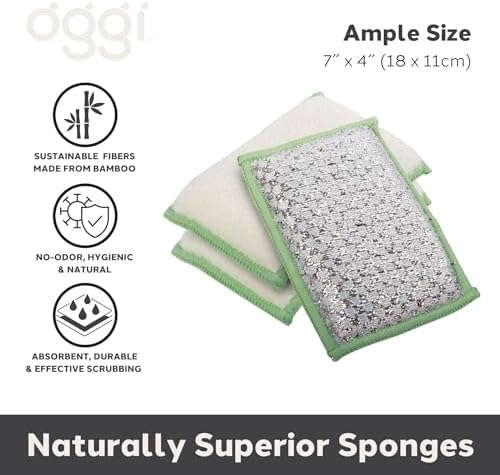 OGGI Bambou Odor-Free Scrubbing Sponges - Natural Scrub Sponges for Dishes, 91% Bamboo-Derived Rayon Cellulose Fiber, Reusable, Absorbent, Durable Scrubbers, Non-Scratch, Washable - 3 pcs, 7x4 - Image 2