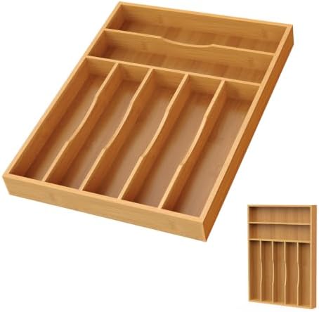 Bamboo Silverware Organizer, 12 Inch Bamboo Kitchen Drawer Cutlery Organizer, Utensil Holder, Flatware Organizer Tray (15.8"x11.9"x1.6") by Bayting