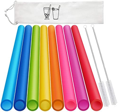 8 Pcs Extra Wide Reusable Smoothie & Boba Straws with 1 Bag & 2 Brushes - Multicolor Big Jumbo, BPA FREE Large Plastic Straws for Smoothies, Bubble Tea(Tapioca, Boba Pearls), Milkshakes by HIWARE