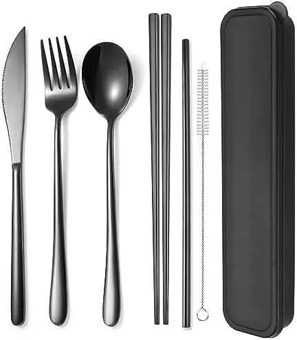 AARAINBOW 6 Pieces 18/8 Stainless Steel Flatware Set Portable Reusable Cutlery Set Travel Utensils Set Including Chopsticks Knife Fork Spoon Straws Cleaning Brush Dishwasher Safe (Black) by AARAINBOW