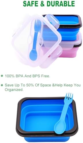 2 Pack Collapsible Silicone Bento Lunch Boxes With Lids Spoon Fork, 20.3oz, Meal Prep Food Storage Containers, Durable, Safe in Microwave, Dishwasher and Freezer, BPA Free (Blue and Pink) - Image 4