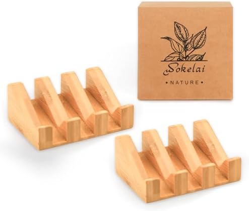 Shampoo Bar and Sponge Holders for Shower – Self-Draining Bamboo Soap Dish Tray, 2 Pack Wooden Soap Saver Racks for Conditioner Bars, Razor, Sink, Bathroom, Kitchen, or Travel by wokelai