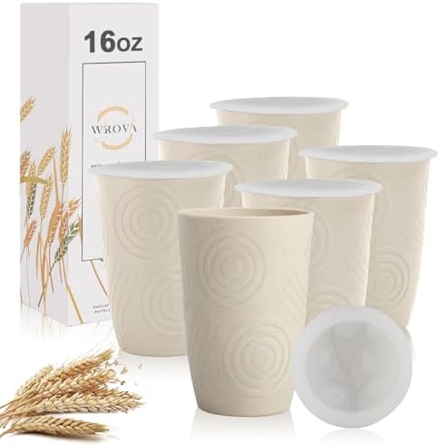 Wrova Wheat Straw Cups with Silicone Covers 16oz Set of 6 - Alternative Plastic Cups Microwave & Dishwasher Safe - Plastic Drinking Cups Unbreakable for Kids - Beige by WROVA