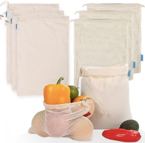 3 Reusable Mesh Produce Bags &3 Organic Cotton Muslin Bags with Spring-Lock Closure Zero Waste Kit for Grocery Shopping, Vegetable, Fruit Storage, Bulk Food, Travel by Unknown