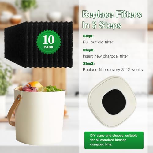 Square Carbon Filter Refills – 10 Pack, 5x5 Inch Activated Charcoal Sheets for Indoor Kitchen Compost Bucket and Countertop Bins - Image 4