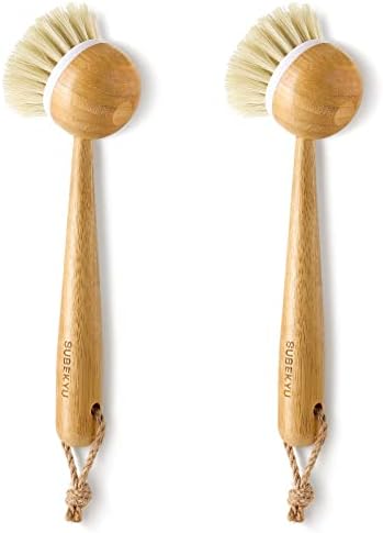 SUBEKYU Dish Brush with Handle, Natural Bamboo Dish Scrubber Brush, Kitchen Dishwashing Brush for Cleaning Dishes/Pans/Pots/Sinks, Sisal Bristles, 2P by SUBEKYU