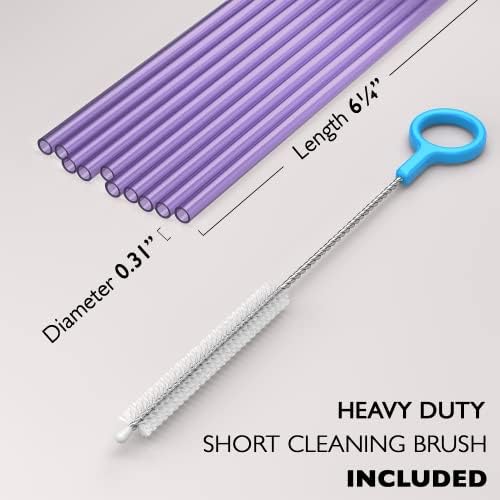 Fiesta First 10 Short Reusable Hard Purple Plastic Drinking Straws, Medium Width + Sturdy Cleaning Brush - for Cocktails, Small Cups, Kids Drinks - Dishwasher Safe BPA Free - Image 2