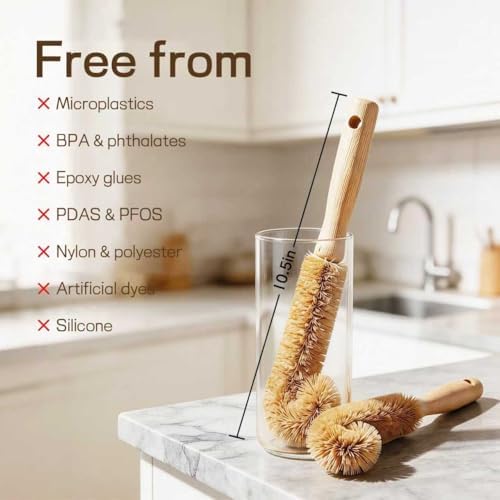 Wooden Bottle Brush - L-Shape Long Handle Cup Scrubber for Water Bottles, Decanters & Glassware - Beech Wood Kitchen Cleaning Tool (Multipack) (4) - Image 4