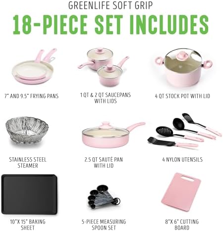 GreenLife Soft Grip Healthy Ceramic Nonstick 18 Piece Kitchen Cookware Pots and Frying Sauce Saute Pans Set, PFAS-Free with Kitchen Utensils and Lid, Dishwasher Safe, Soft Pink - Image 3