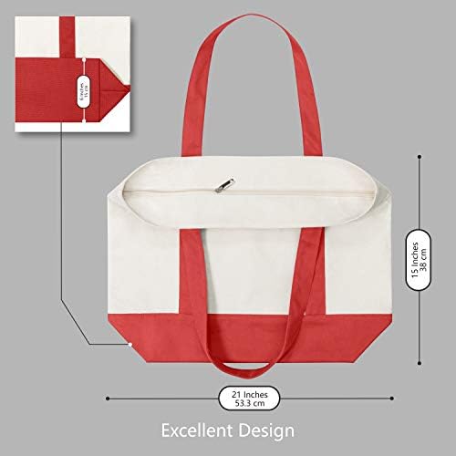 TOPDesign 6-Pack Canvas Tote Bags with an External Pocket, Reusable Grocery Shopping Bags, Top Zipper Closure, Daily Essentials (Red/Natural) - Image 5