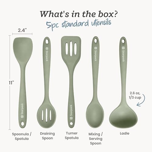 Starpack Stir and Serve Silicone Cooking Utensils Set (5-Piece, 11") - LFGB Non Toxic, 600°F Heat Resistant, BPA-Free - One-Piece Seamless, Dishwasher Safe - for Nonstick Cookware, Sage Green - Image 3