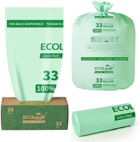 ECOLipak 33 Gallon 25 Count Large Compostable Trash Garbage Bags for Lawn by ECOLipak