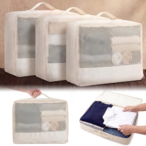 Shinymoon 3 Set 100% Cotton Packing Cubes 18"x12"x4" Mesh Beige by Shinymoon