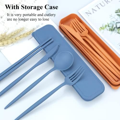 DISSKNIC Reusable Utensils Set with Case, 6 Sets Travel Utensils with Case, Wheat Straw Portable Cutlery Set Chopsticks Knives Fork and Spoon for Lunch Box Accessories - Image 3