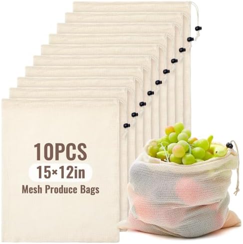 10 Pcs 15 x 12 in Reusable Produce Bags Grocery Washable, Cotton Mesh Produce Bags Plastic Free, Drawstring Closure, Double-stitched Organic Cotton Mesh Grocery Bag for Vegetables Fruit Onions by Yoojahow