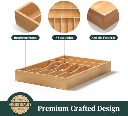 Silverware Organizer, Bamboo Kitchen Drawer Organizer, Utensil Holder, Cutlery Tray & Spoon Flatware Storage with Grooved Drawer Dividers (11''W x 16''D) - Image 6