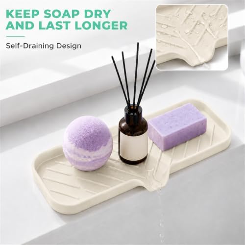 MicoYang Silicone Soap Dish with Drain Spout — Self-Draining Double Sink Organizer Tray for Kitchen & Bathroom, Dispensers, Sponges & Soap Holder, Non-Slip & Dishwasher Safe, Tapioca (Large, 12"×4") - Image 6