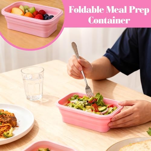 3 Pack Collapsible Silicone Food Storage Containers with Lids, Pink - Image 3